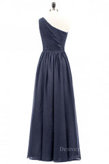Fashion Dress, Navy Blue One Shoulder A-line Chiffon Long Bridesmaid Dress