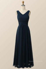 Prom Dresses Ball Gown Elegant, Navy Blue Pleated Chiffon A-line Long Bridesmaid Dress