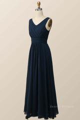 Prom Dresses 2060 Long, Navy Blue Pleated Chiffon A-line Long Bridesmaid Dress