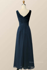 Prom Dresses Ball Gown Style, Navy Blue Pleated Chiffon A-line Long Bridesmaid Dress