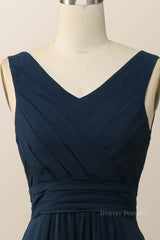 Prom Dresses For Teens Long, Navy Blue Pleated Chiffon A-line Long Bridesmaid Dress