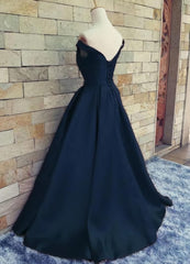 Prom Dress Blue Long, Navy Blue Satin Sweetheart A-line Handmade Formal Dress, Blue Long Prom Dress