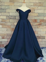 Prom Dress Long Blue, Navy Blue Satin Sweetheart A-line Handmade Formal Dress, Blue Long Prom Dress