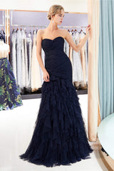 Bridesmaid Dress Colorful, Navy Blue Sheath Sweetheart Strapless Draped Tulle Pleats Prom Dresses