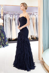 Bridesmaids Dress Colors, Navy Blue Sheath Sweetheart Strapless Draped Tulle Pleats Prom Dresses