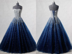 Party Dress Party, Navy Blue Strapless Floor Length Prom Ball Gown with Beading Sequins, Prom Dresses,Formal Dresses