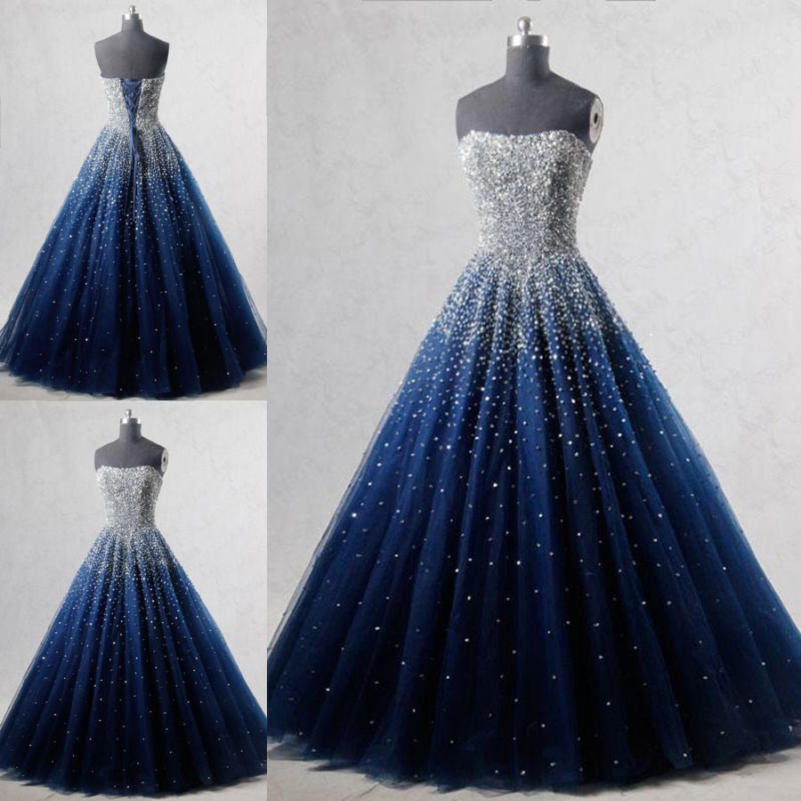Party Dresses Casual, Navy Blue Strapless Floor Length Prom Ball Gown with Beading Sequins, Prom Dresses,Formal Dresses