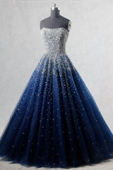 Party Dresses Outfit Ideas, Navy Blue Strapless Floor Length Prom Ball Gown with Beading Sequins, Prom Dresses,Formal Dresses