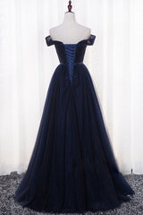 Bridesmaid Dresses Mismatched Colors, Navy Blue Tulle Long Party Dress, Simple Off Shoulder Blue Bridesmaid Dress