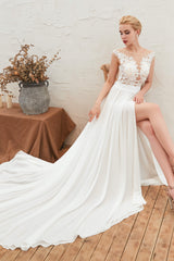 Wedding Dress Order Online, Neck Lace Top White Wedding Dresses with Slit