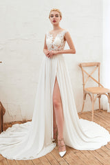 Wedding Dresses Lace Beach, Neck Lace Top White Wedding Dresses with Slit