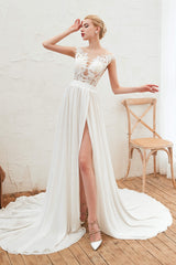 Wedding Dresses A Line Sleeves, Neck Lace Top White Wedding Dresses with Slit