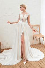Wedding Dress Lace A Line, Neck Lace Top White Wedding Dresses with Slit