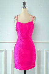 Party Dress Names, Neon Pink Beaded Tight Mini Dress