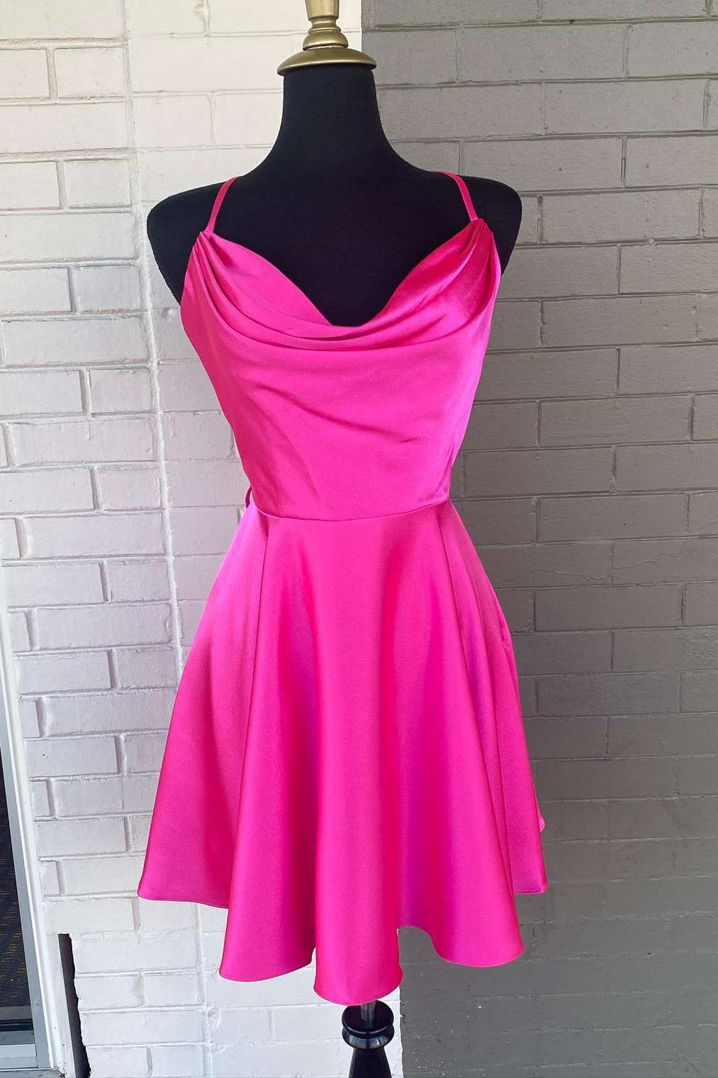 Cute Dress, Neon Pink Lace-Up A-Line Satin Homecoming Dress,Night Dress Party Short