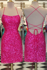 Bridesmaid Dresses Idea, Neon Pink Sequin Bodycon Mini Homecoming Dresses