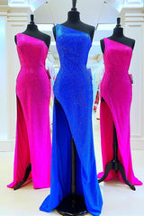Lace Dress, One Shoulder Mermaid Royal Blue Long Formal Dress