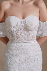 Wedding Dresses Dresses, Sweetheart Puff Sleeve Off the Shoulder Lace Long Wedding Dresses