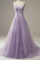 Evening Gown, Light Purple Lace Applique A Line Spaghetti Straps Prom Dress Evening Gown