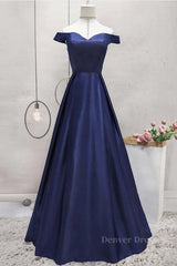 Hoco Dress, Off Shoulder Blue Satin Long Prom Dress, Off Shoulder Blue Formal Dress, Blue Evening Dress