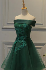 Wedding Color Palette, Off Shoulder Dark Green Short Party Dress, Tulle Homecoming Dresses