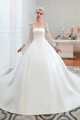 Wedding Dress Colored, Off-Shoulder Lace Satin Wedding Dresses with Sleeves
