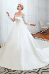 Wedding Dresses Color, Off-Shoulder Lace Satin Wedding Dresses with Sleeves