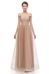 Party Dress Beige, Off-Shoulder Pearls Applique A-Line Tulle Prom Dresses
