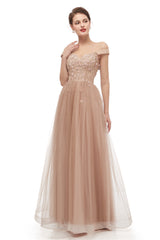 Spring Dress, Off-Shoulder Pearls Applique A-Line Tulle Prom Dresses