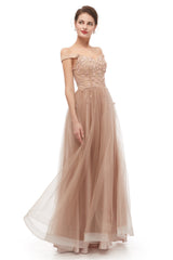 Simple Dress, Off-Shoulder Pearls Applique A-Line Tulle Prom Dresses