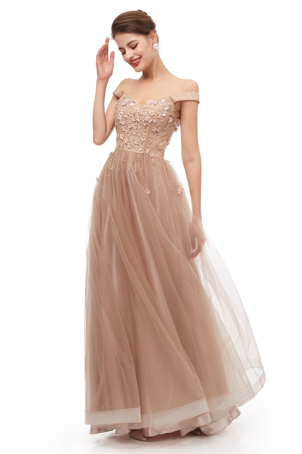 White Prom Dress, Off-Shoulder Pearls Applique A-Line Tulle Prom Dresses