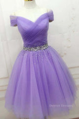 Formal Dresses 2054, Off Shoulder Sequins Purple Short Prom Dresses, Off the Shoulder Purple Homecoming Dresses, Short Purple Formal Evening Dresses