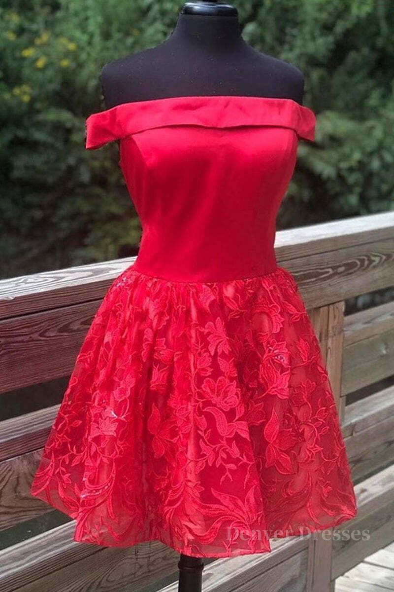Party Dress Online, Off Shoulder Short Red Lace Prom Dress, Off Shoulder Red Lace Formal Graduation Dress, Red Lace Homecoming Dress