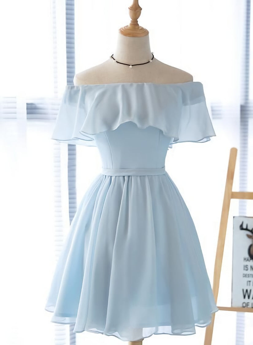 Bridesmaid Dresses Spring, Off Shoulder Simple Short Bridesmaid Dress, Lovely Blue Chiffon Party Dress