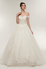 Wedsing Dress Princess, Off-shoulder Sweetheart A-line Lace-up Floor Length Lace Appliques Wedding Dresses