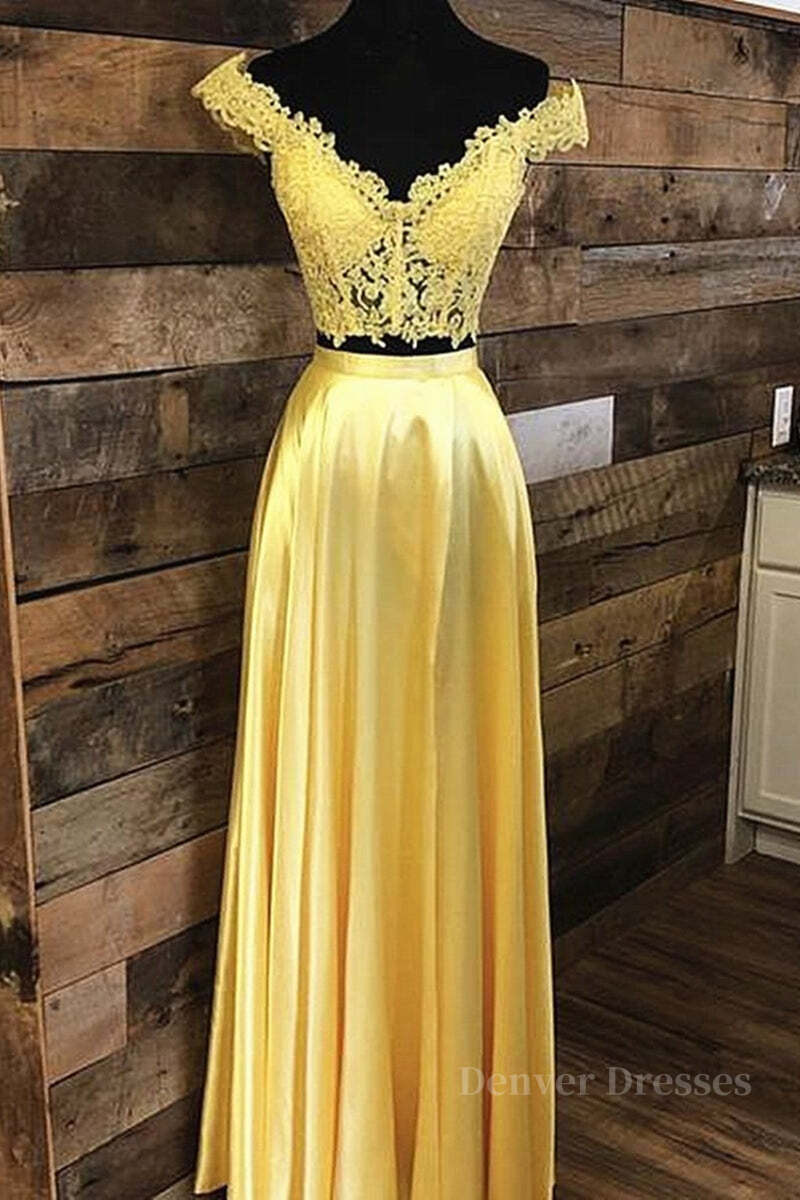Prom Dresses For Sale, Off Shoulder Two Pieces Lace Yellow Long Prom Dress, Off the Shoulder Yellow Lace Formal Dress, Two Pieces Yellow Lace Evening Dress