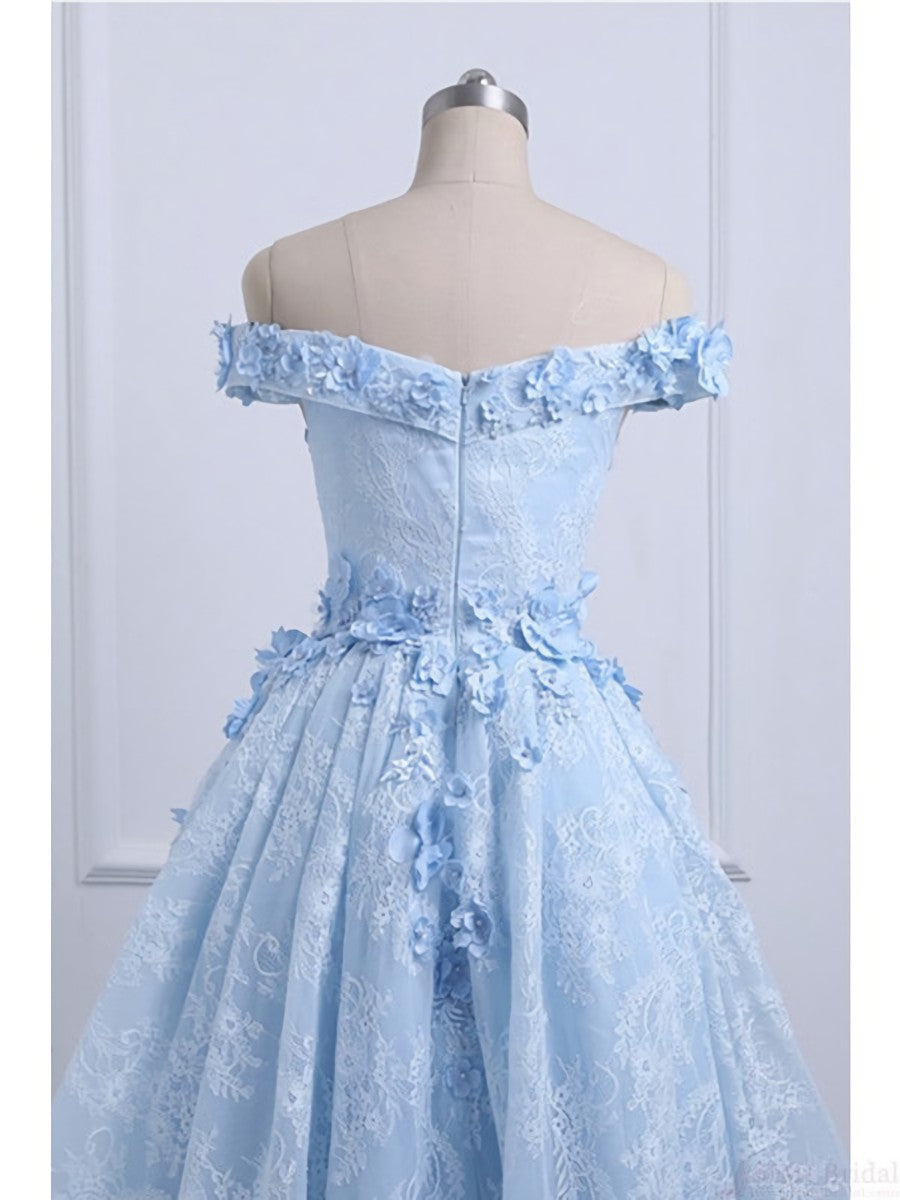 Prom Dresses Light Blue Long, Off the Shoulder Blue Prom Dresses Lace Applique,  High Low Prom Dress