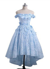 Prom Dresses Long Light Blue, Off the Shoulder Blue Prom Dresses Lace Applique,  High Low Prom Dress