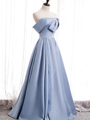 Prom Dress Outfit, Off the Shoulder Blue Satin Long Prom Dresses, Off Shoulder Blue Formal Evening Dresses