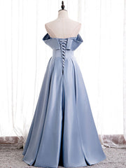 Prom Dress With Long Sleeves, Off the Shoulder Blue Satin Long Prom Dresses, Off Shoulder Blue Formal Evening Dresses