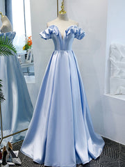 Festival Outfit, Off the Shoulder Blue Satin Prom Dresses, Sky Blue Off Shoulder Satin Long Formal Graduation Dresses
