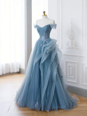 Night Out Outfit, Off the Shoulder Blue Tulle Prom Dresses, Blue Tulle Floral Formal Evening Dresses