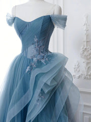 Party Dress Man, Off the Shoulder Blue Tulle Prom Dresses, Blue Tulle Floral Formal Evening Dresses