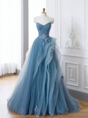 Party Dresses For Girl, Off the Shoulder Blue Tulle Prom Dresses, Blue Tulle Floral Formal Evening Dresses