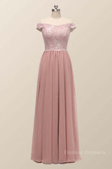Bridesmaid Dress Styles, Off the Shoulder Blush Pink Lace and Chiffon Bridesmaid Dress