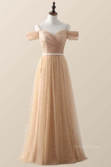 Bridesmaid Dresses Winter, Off the Shoulder Champagne Lace and Tulle Long Bridesmaid Dress