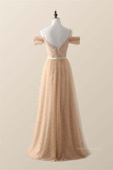 Bridesmaid Dresses Champagne, Off the Shoulder Champagne Lace and Tulle Long Bridesmaid Dress
