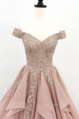 Evening Dress For Sale, Off the Shoulder Champagne Lace Prom Dresses, Off Shoulder Champagne Lace Formal Evening Dresses