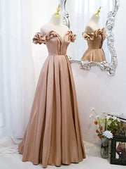 Formal Dresses 2023, Off the Shoulder Champagne Satin Prom Dresses, Champagne Long Formal Evening Dresses
