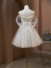 Evening Dress Designer, Off the Shoulder Champagne Tulle Prom Dress, Short Formal Homecoming Dress
